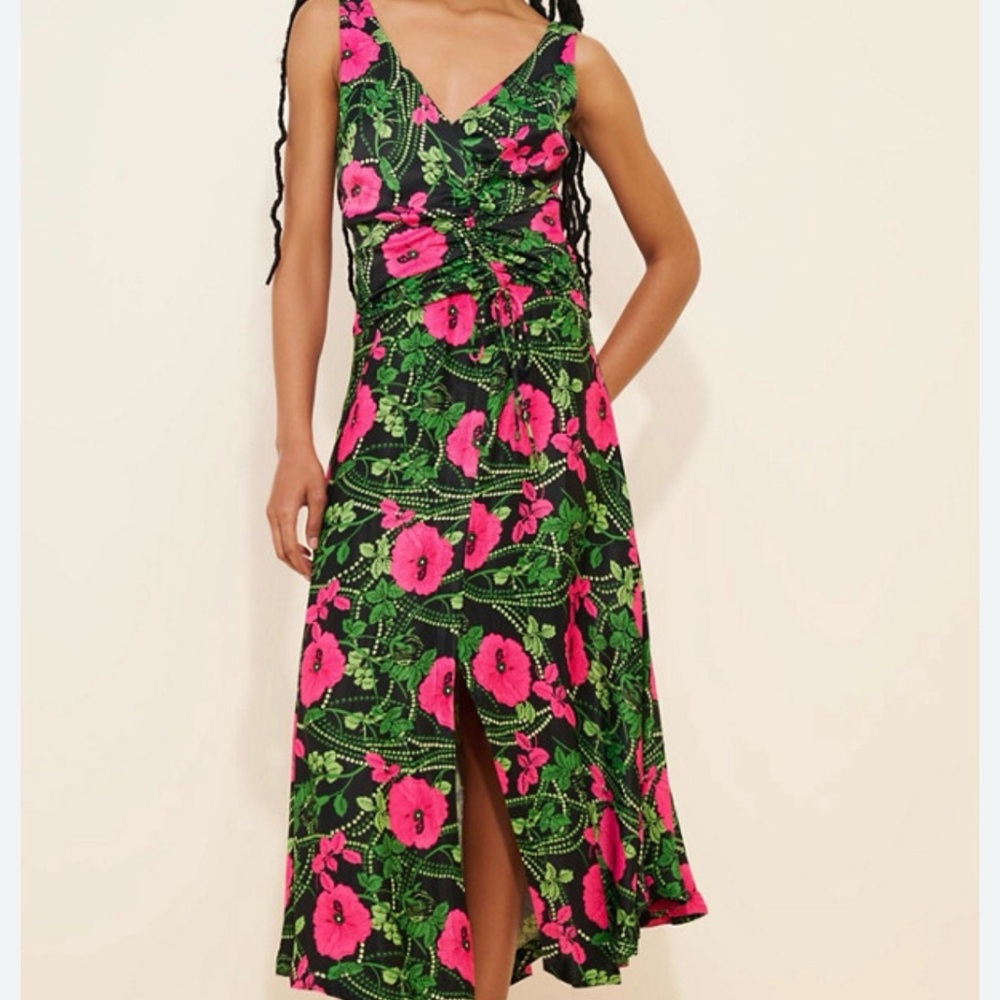 Anthropologie Black Midi Dress with Hot Pink Floral Print